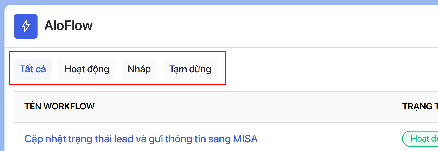 Danh sách Workflow theo trạng thái